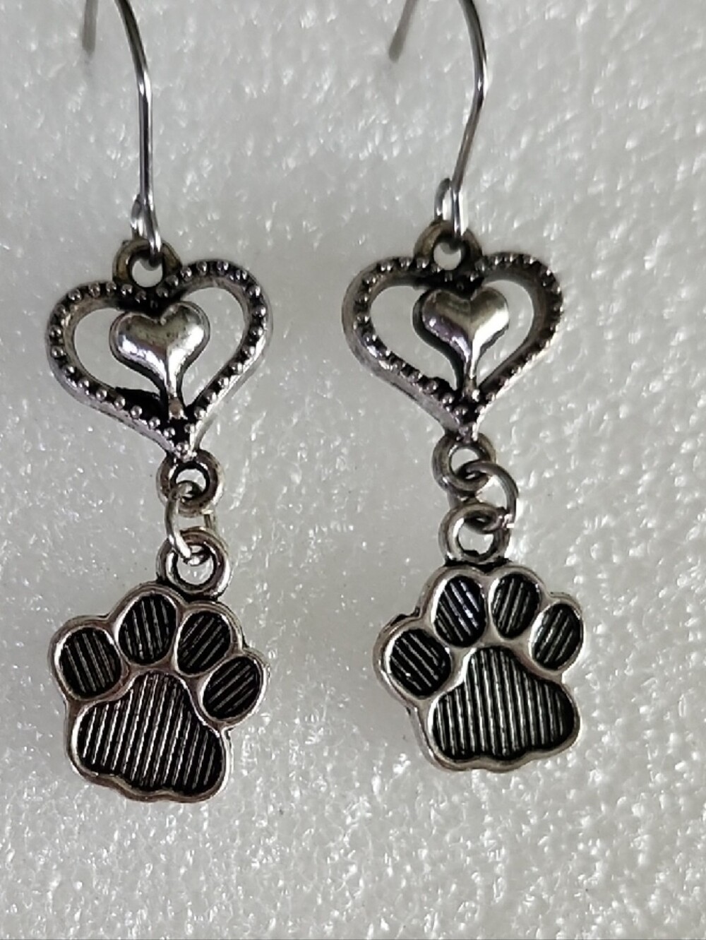 Hand Crafted Silver-Tone Heart & Paw Dangle Earrings